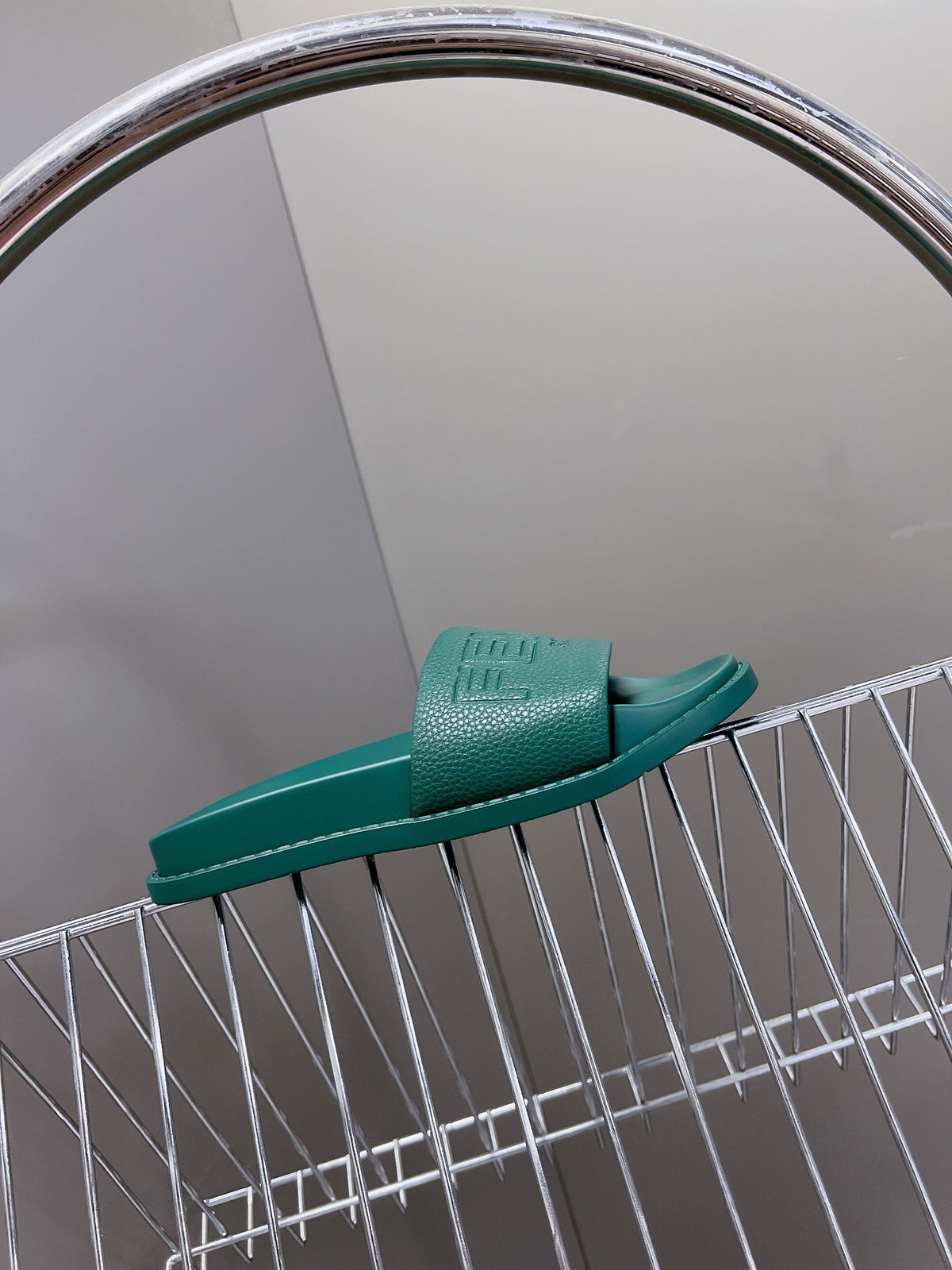 FENDI ROMA SLIDES IN TEAL GREEN LAMBSKIN LEATHER