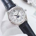 Patek Philippe Silver Black White Dial Leather Strap Watch