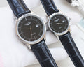Silver Black Dial Leather Strap Couple Watch Set